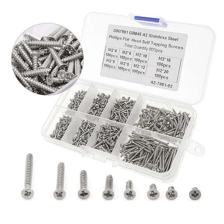 800pcs /Set Metric M2 Carbon Steel Phillips Self-Drilling Screw Kit, 800pcs /Set Round Head, 800p...