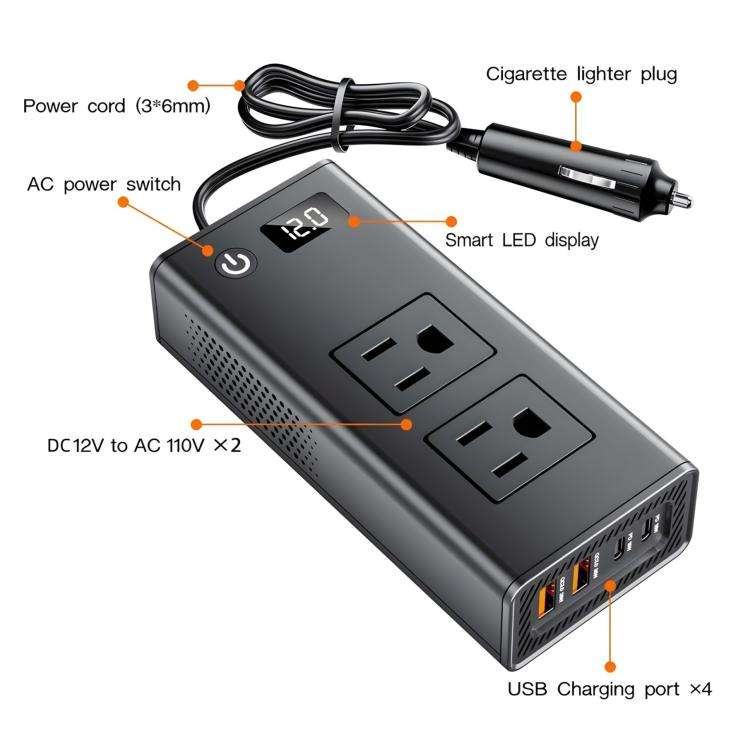 DC12V 200W Fast Charging QC3.0 PD Car Cigarette Lighter Portable Inverter, 110V US Plug, 220V Uni...