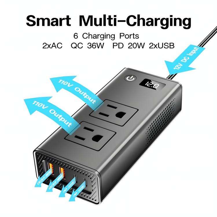 DC12V 200W Fast Charging QC3.0 PD Car Cigarette Lighter Portable Inverter, 110V US Plug, 220V Uni...