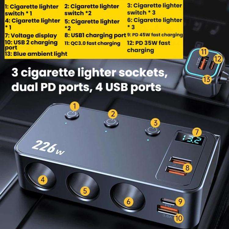 226W 3 In 1 Car Cigarette Lighter Digital Display PD Fast-Charging Car Charger, C33