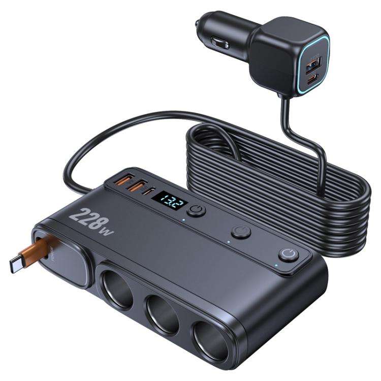 228W Car Cigarette Lighter Retractable Cable 3 In 1 Fast-Charging Car Charger With Independent Sw...