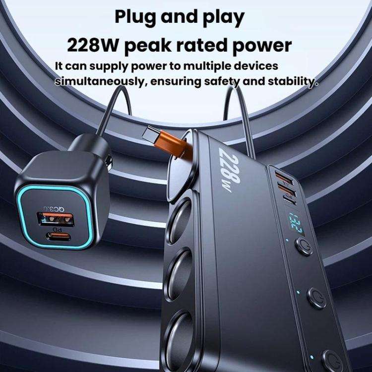 228W Car Cigarette Lighter Retractable Cable 3 In 1 Fast-Charging Car Charger With Independent Sw...
