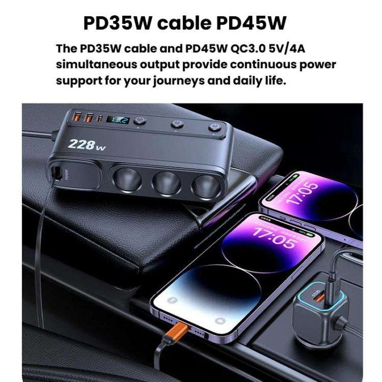 228W Car Cigarette Lighter Retractable Cable 3 In 1 Fast-Charging Car Charger With Independent Sw...