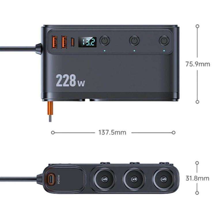 228W Car Cigarette Lighter Retractable Cable 3 In 1 Fast-Charging Car Charger With Independent Sw...