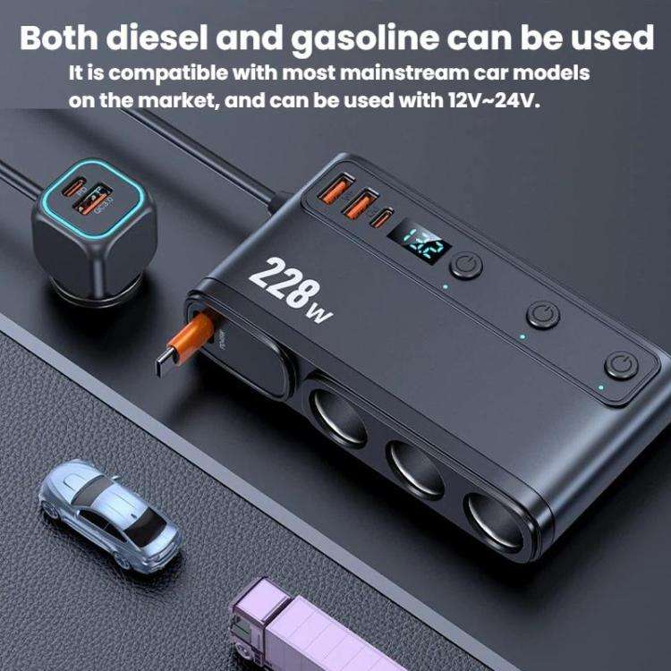 228W Car Cigarette Lighter Retractable Cable 3 In 1 Fast-Charging Car Charger With Independent Sw...