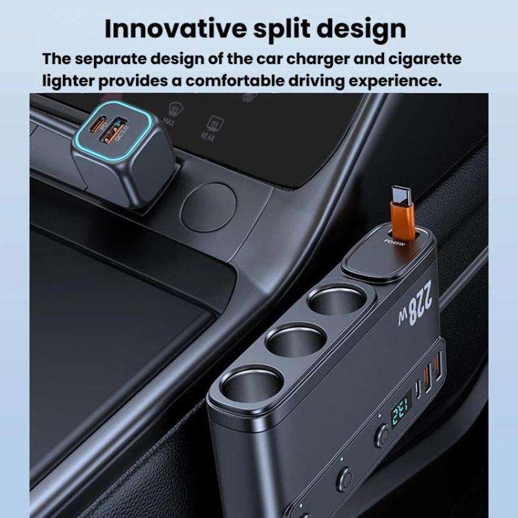 228W Car Cigarette Lighter Retractable Cable 3 In 1 Fast-Charging Car Charger With Independent Sw...