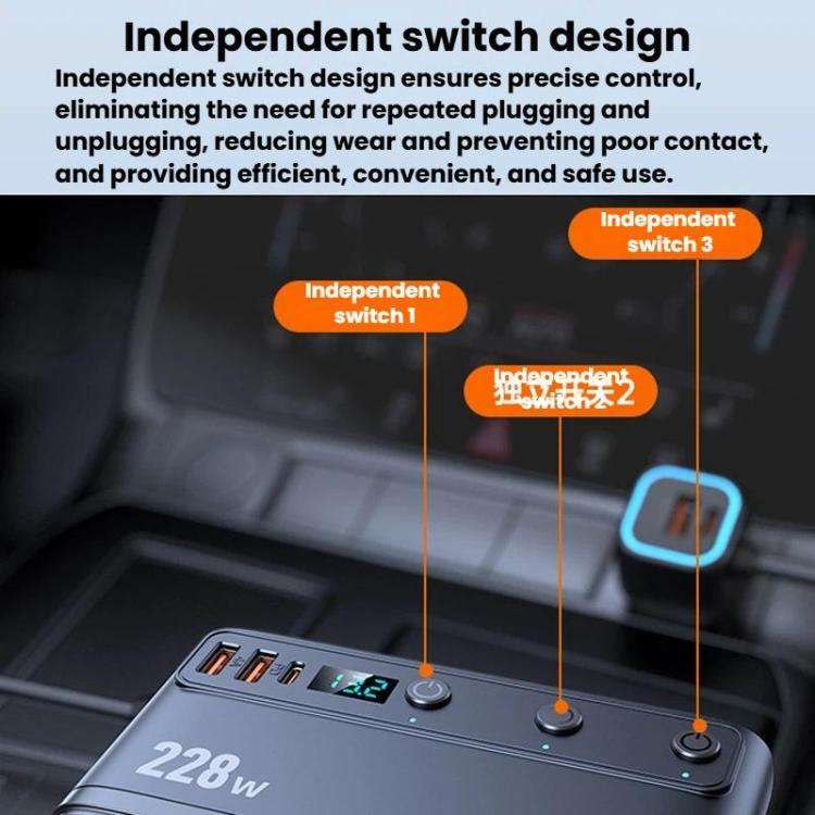 228W Car Cigarette Lighter Retractable Cable 3 In 1 Fast-Charging Car Charger With Independent Sw...