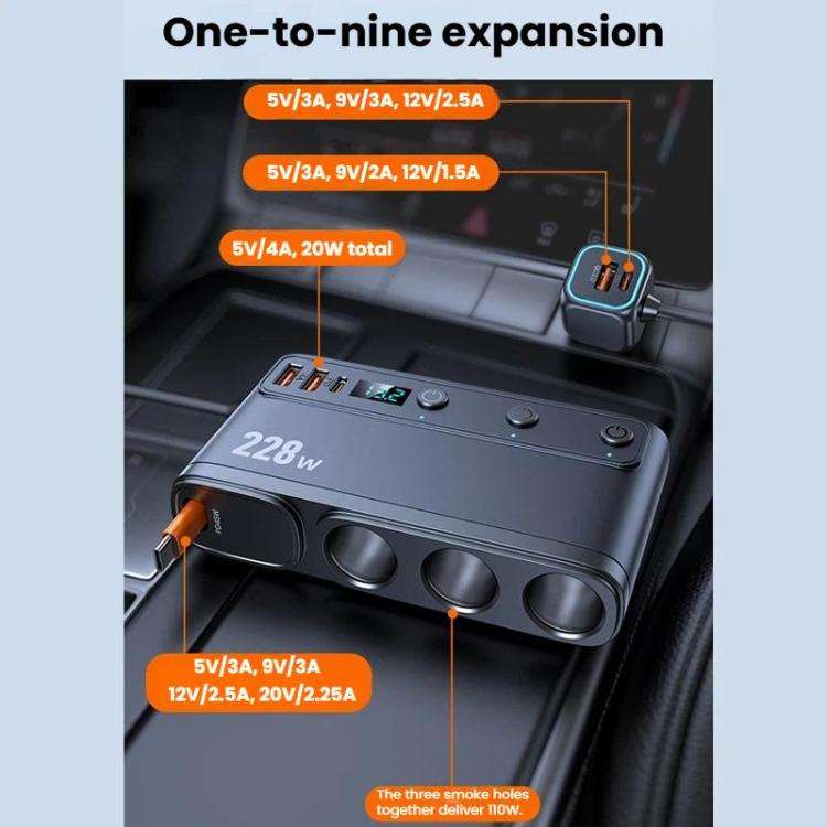 228W Car Cigarette Lighter Retractable Cable 3 In 1 Fast-Charging Car Charger With Independent Sw...