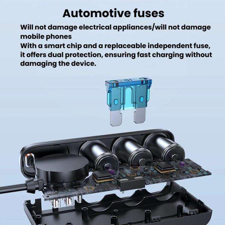 228W Car Cigarette Lighter Retractable Cable 3 In 1 Fast-Charging Car Charger With Independent Sw...