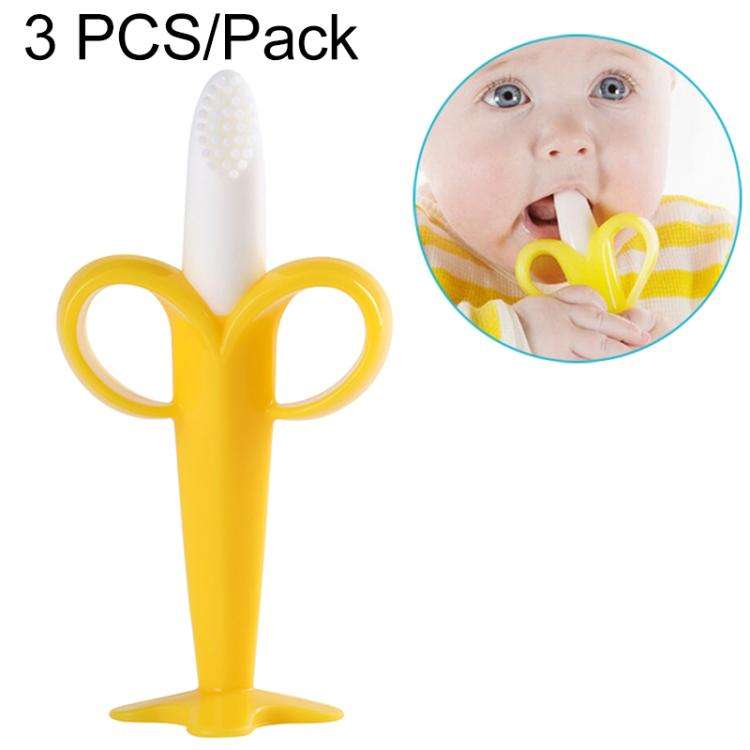 3 PCS Baby Silicone Training Toothbrush Banana Shape Safe Toddle Teether Chew Toys Teething Ring ...