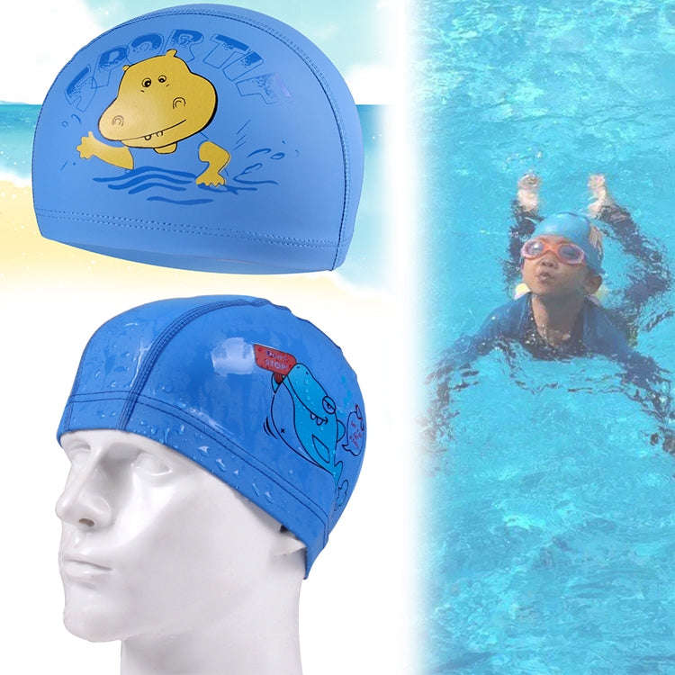 Children Cartoon Hippo Pattern PU Coated Waterproof Swimming Cap, Cartoon Hippo (Lack Blue), Cart...