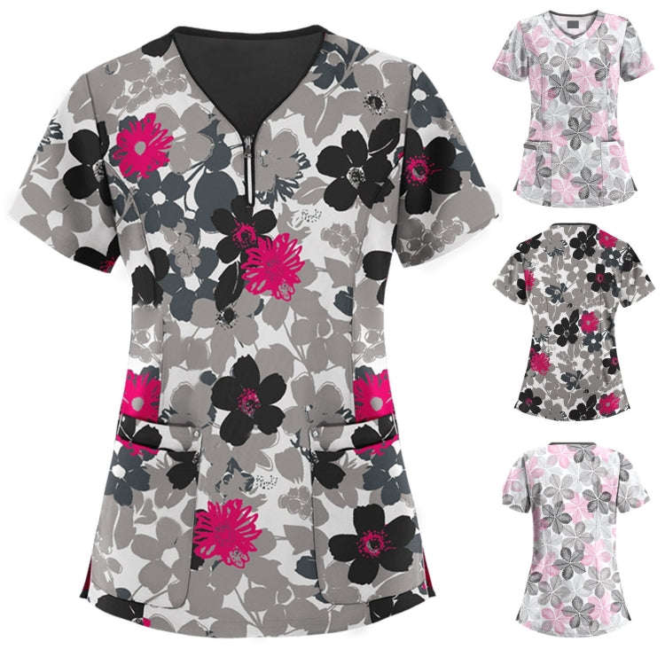 Mid-length Slim-fitting Printed Pullover Nurse Uniform V-neck T-shirt (Color:Pink Size:XXL), S, M...