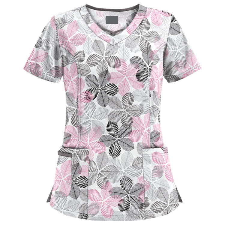 Mid-length Slim-fitting Printed Pullover Nurse Uniform V-neck T-shirt (Color:Pink Size:XXL), S, M...