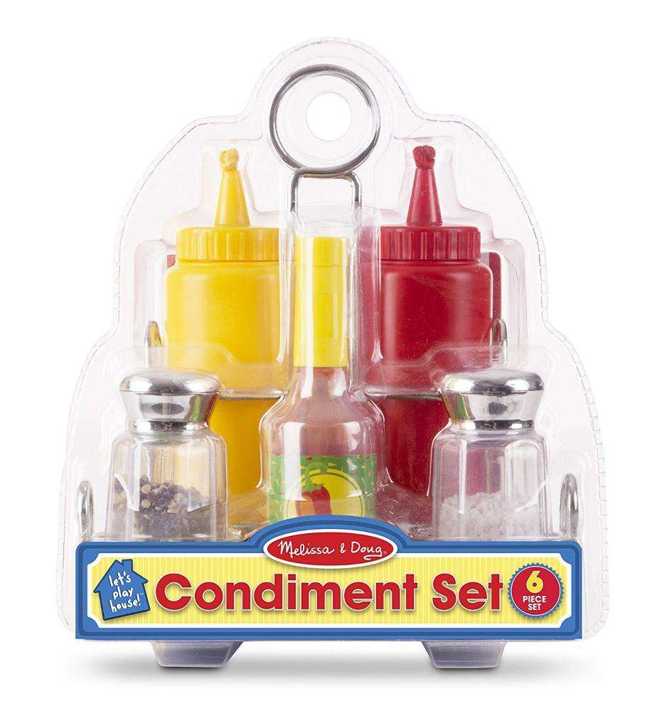 Melissa & Doug Condiments Set (6 pcs) - Play Food, Stainless Steel Caddy