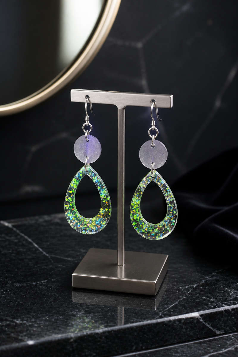 A cool funky party earring that glows in the dark has uv glow and comfy hooks. Beautiful lightwei...