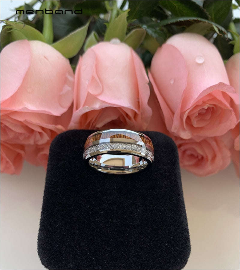 Tungsten Wedding Ring Men Women Wood Ring Meteorite Ring Dome Band 8MM Ring - 9 / S