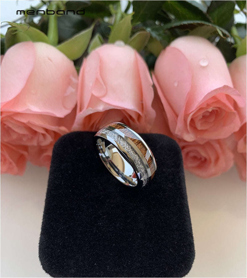 Tungsten Wedding Ring Men Women Wood Ring Meteorite Ring Dome Band 8MM Ring - 9 / S