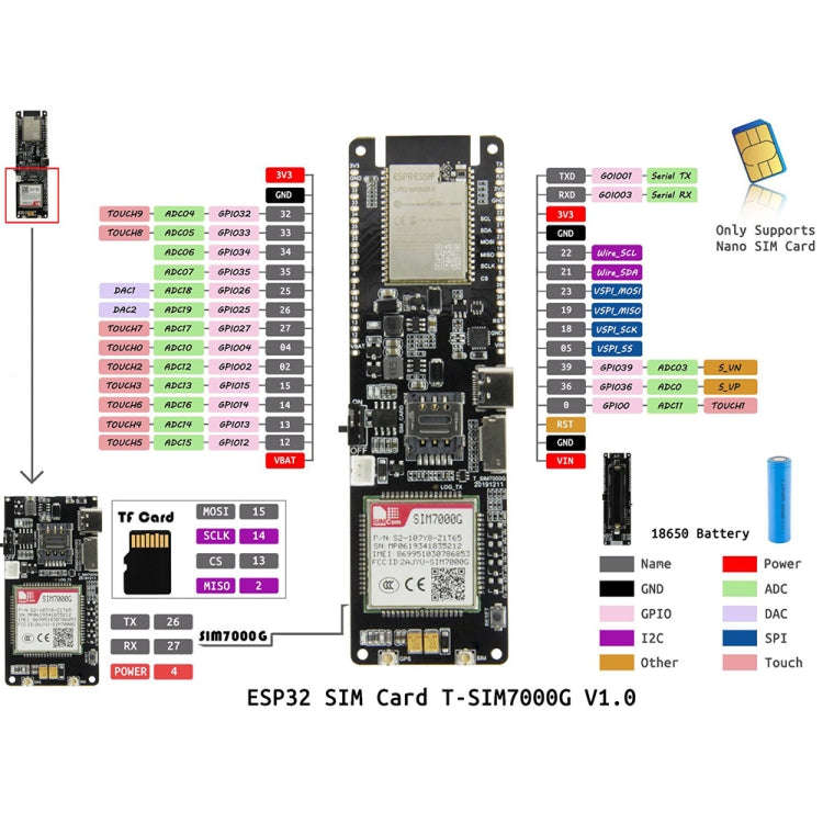 TTGO T-SIM7000G ESP32 WiFi Bluetooth 18560 Battery Holder Solar Charge Module Development Board, ...