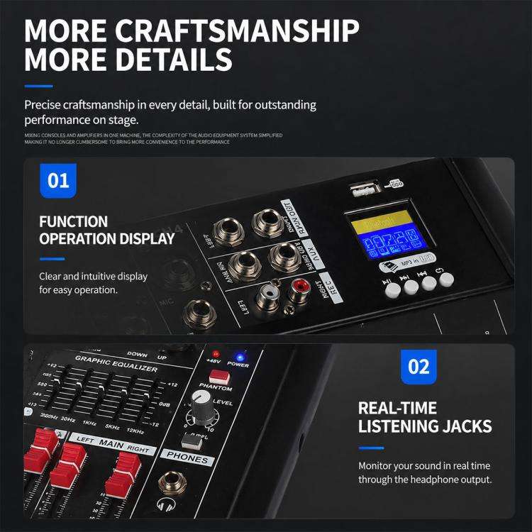 1202D 12-Channel Multi-function Professional Bluetooth Mixer with Amplifier, EU Plug, UK Plug, US...
