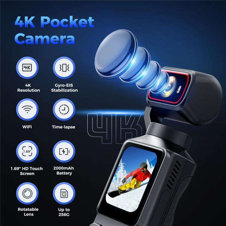L19 1.69 inch Touch Screen and Wi-Fi Connectivity 4K Action Camera Anti-Shake VLOG Pocket Camera,...