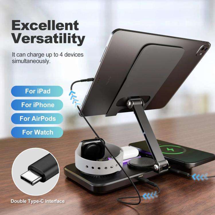 4-in-1 Fast Wireless Charging Station for Phone/Tablet/Apple Watch/AirPods Magnetic Foldable Stan...