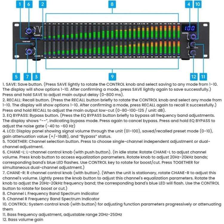 EQ-A32 Digital Equalizer Stage Home Karaoke Noise Reduction Audio Processor, EU Plug, US Plug, UK...