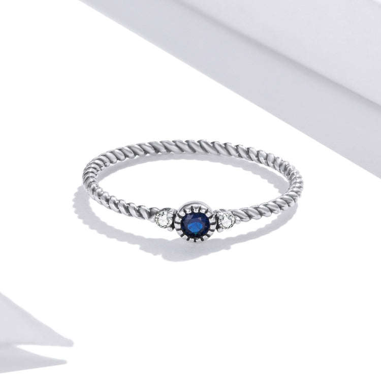 S925 Sterling Silver Dark Blue Zircon Platinum Plated Twist Texture Women Ring, 6, 7, 8