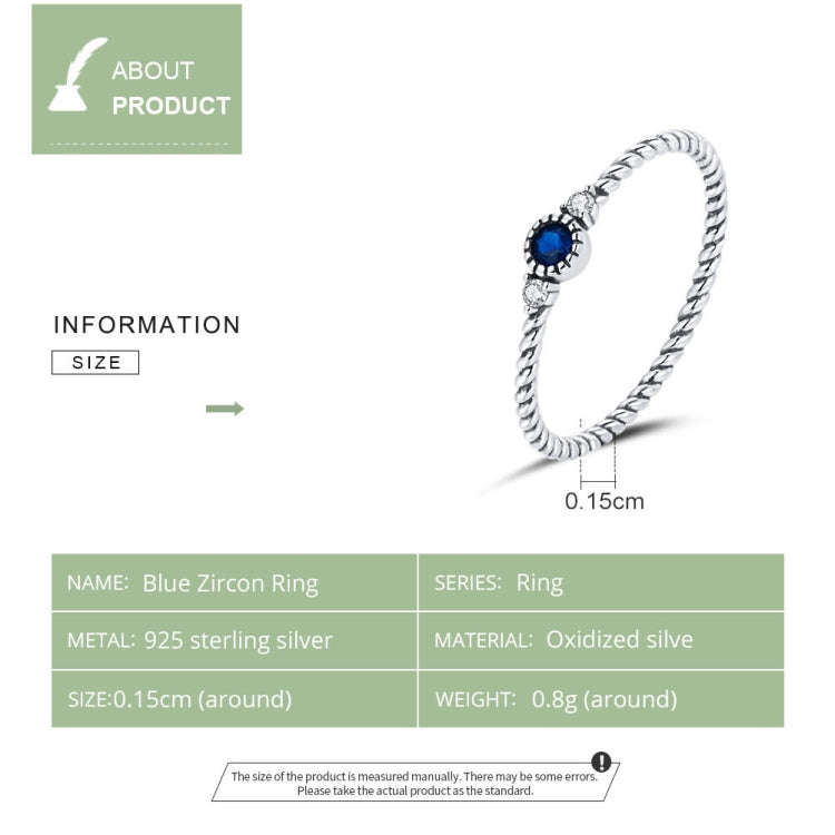 S925 Sterling Silver Dark Blue Zircon Platinum Plated Twist Texture Women Ring, 6, 7, 8
