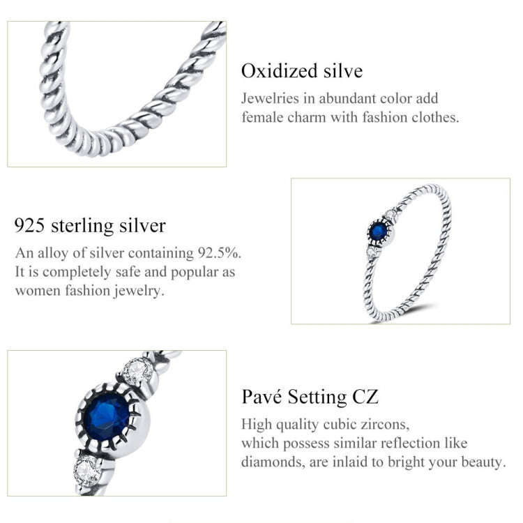 S925 Sterling Silver Dark Blue Zircon Platinum Plated Twist Texture Women Ring, 6, 7, 8