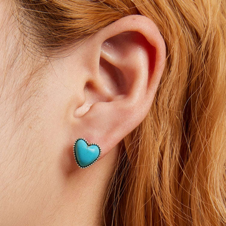 S925 Sterling Silver Heart Turquoise Ear Stud Women Earrings, Heart Turquoise Ear Stud