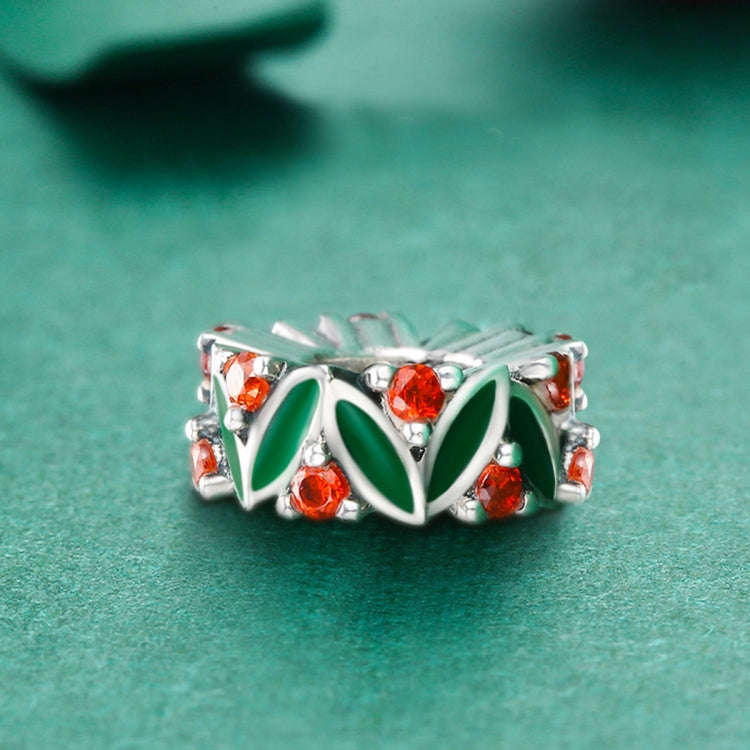 S925 Pure Silver Christmas Leaves Inlaid With Red Gemstone Accessories