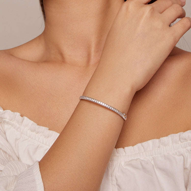 BSB130-17 Sterling Silver S925 White Gold Plated Zircon Thin Glitter Bracelet, BSB130-17