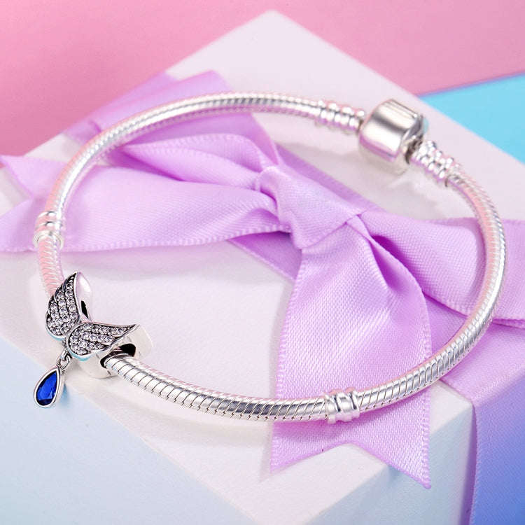 S925 Sterling Silver Blue Wings Drop Shaped Loose Beads DIY Bracelet Accessories, SCC481
