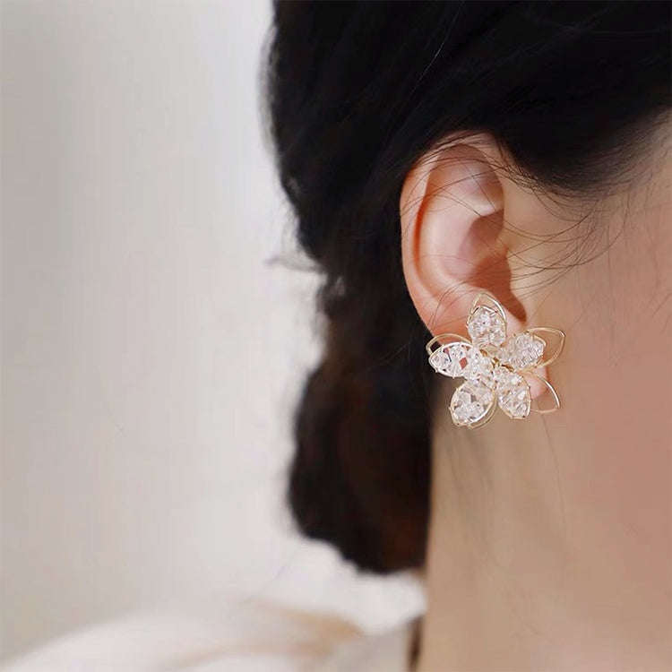 Fresh Crystal Hollow Flower Earrings Female S925 Silver Needle Temperament Earrings