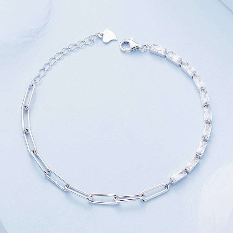 Sterling Silver S925 Simple Round Ring White Gold Plated Zircon Bracelet, BSB101