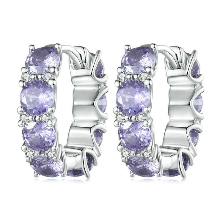 Sterling Silver S925 White Gold Plated Purple Zirconia Earrings, BSE749