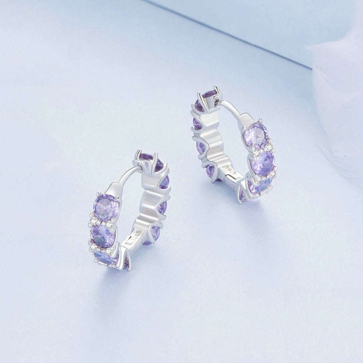 Sterling Silver S925 White Gold Plated Purple Zirconia Earrings, BSE749