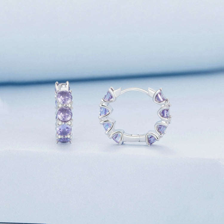 Sterling Silver S925 White Gold Plated Purple Zirconia Earrings, BSE749