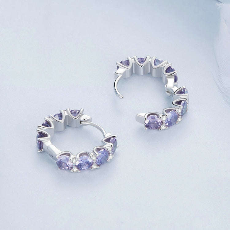 Sterling Silver S925 White Gold Plated Purple Zirconia Earrings, BSE749