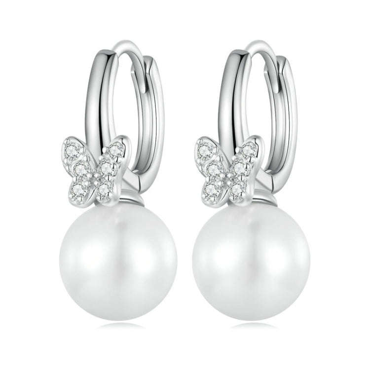 Sterling Silver S925 Butterfly Shell Beads White Gold Plated Zirconia Earrings, BSE760