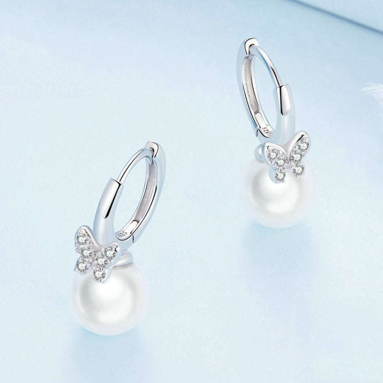 Sterling Silver S925 Butterfly Shell Beads White Gold Plated Zirconia Earrings, BSE760
