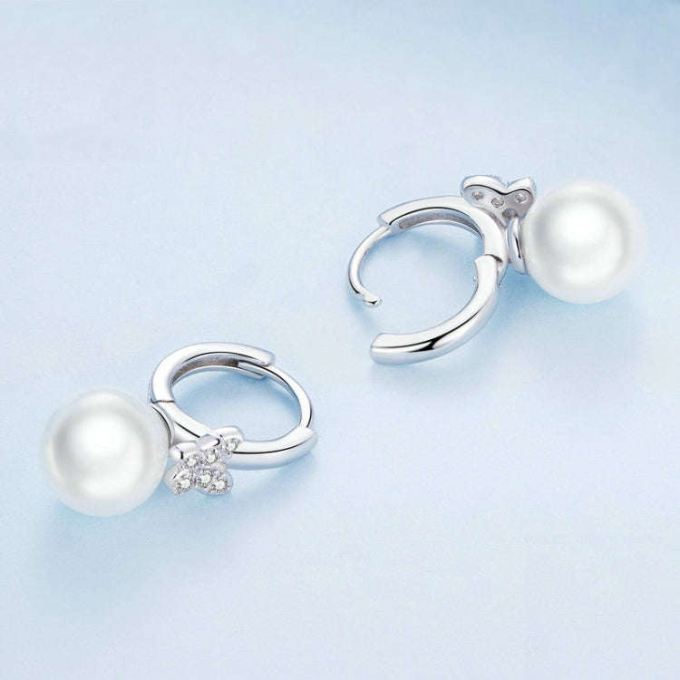 Sterling Silver S925 Butterfly Shell Beads White Gold Plated Zirconia Earrings, BSE760