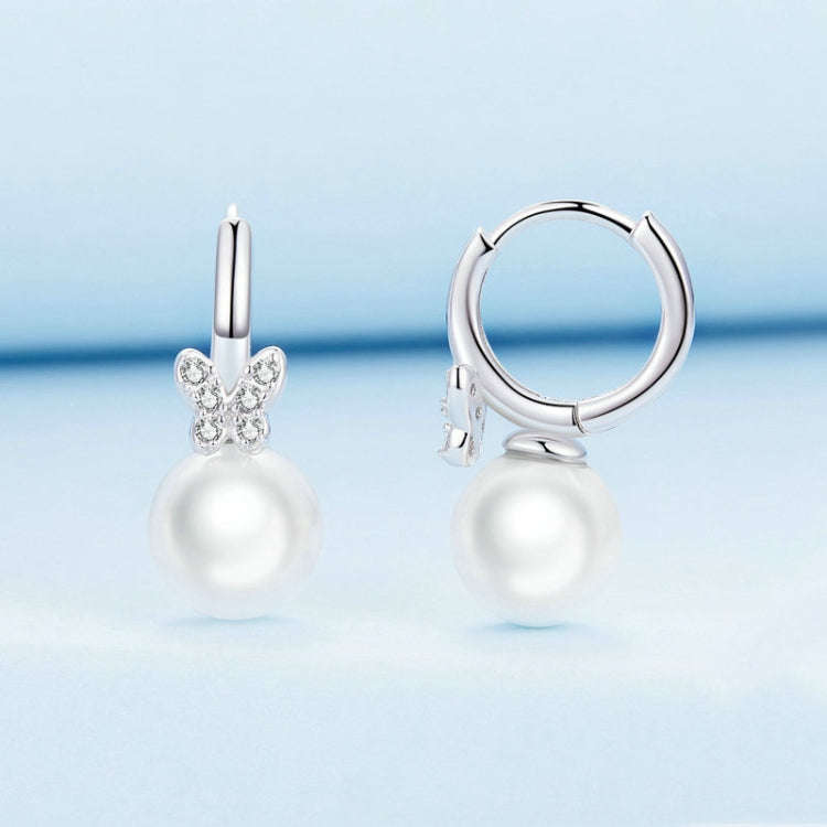 Sterling Silver S925 Butterfly Shell Beads White Gold Plated Zirconia Earrings, BSE760