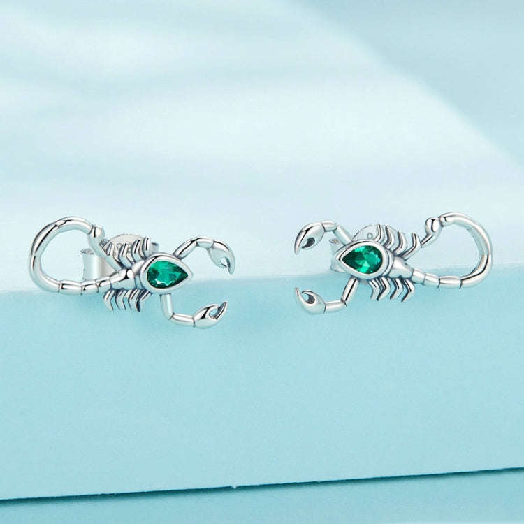 Sterling Silver S925 Green Zircon Scorpion Insect Stud Earrings, SCE1555