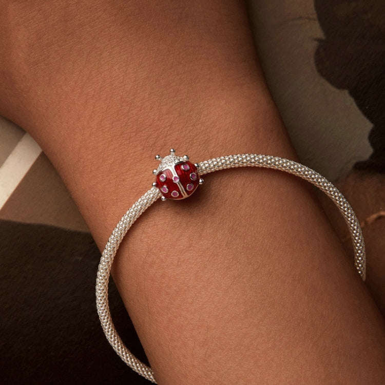 S925 Sterling Silver Zircon Luminous Seven-star Ladybug Silicone DIY Beads, SCC2735