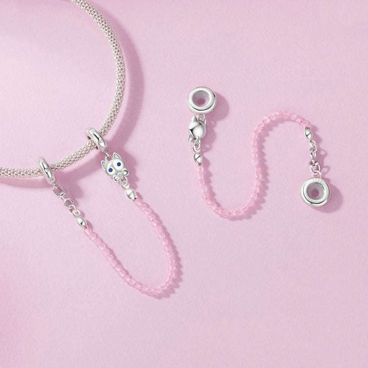 S925 Sterling Silver Platinum Plated Cute Cat Safety Chain Jewelry Pendants
