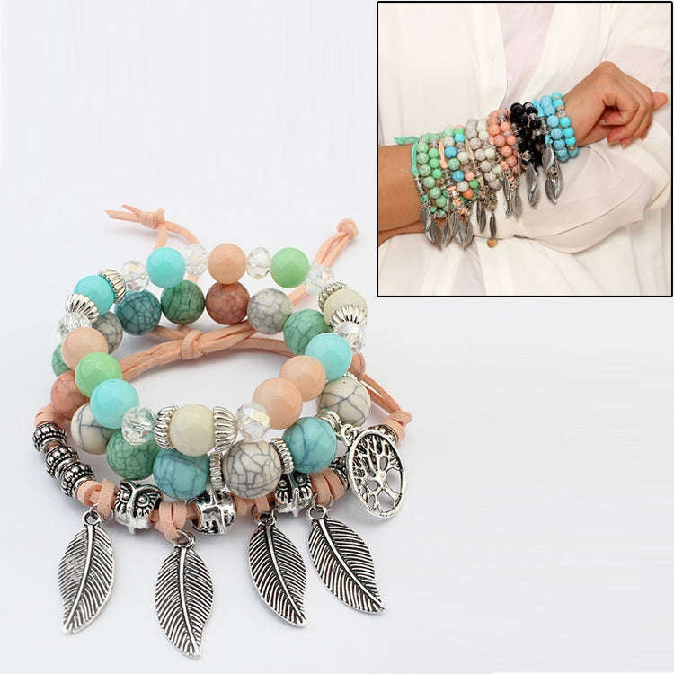 Vintage Ethnic Elasticity Marble Beads Bracelet Boho Leaves Bangle Bracelet, Blue, Colorful, Gree...