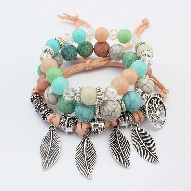 Vintage Ethnic Elasticity Marble Beads Bracelet Boho Leaves Bangle Bracelet, Blue, Colorful, Gree...