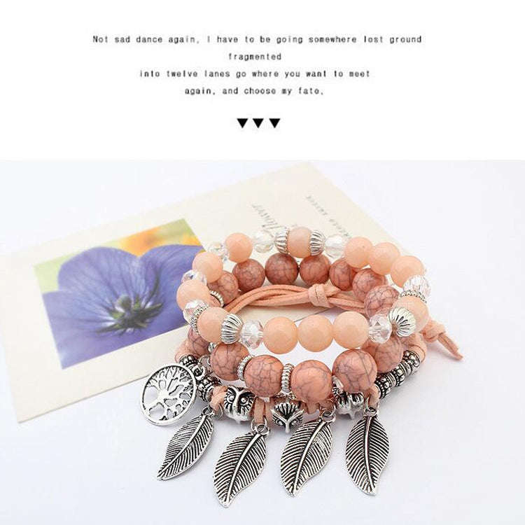 Vintage Ethnic Elasticity Marble Beads Bracelet Boho Leaves Bangle Bracelet, Blue, Colorful, Gree...