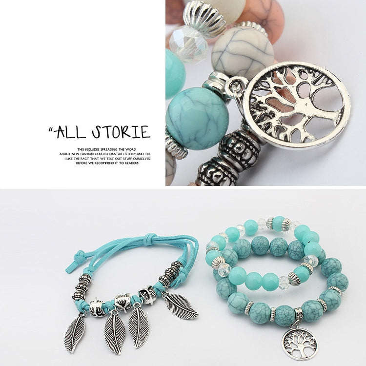 Vintage Ethnic Elasticity Marble Beads Bracelet Boho Leaves Bangle Bracelet, Blue, Colorful, Gree...